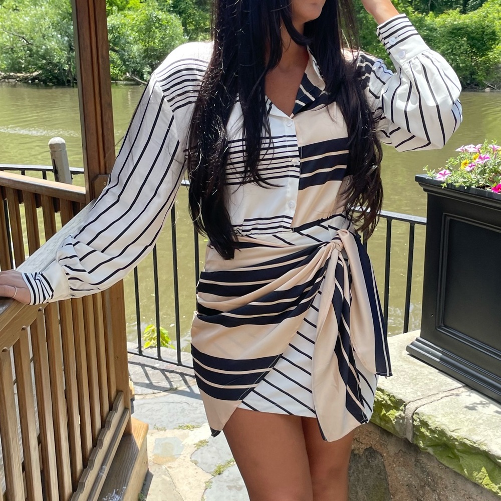 silk stripe pattern button down wrap dress